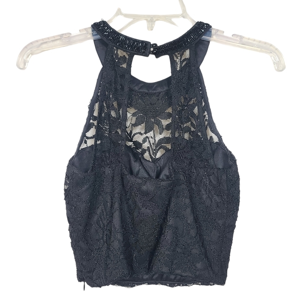 As U Wish Black Sheer Lace Beaded Neckline Back Cut Out Side Zip Top S - Picture 7 of 8